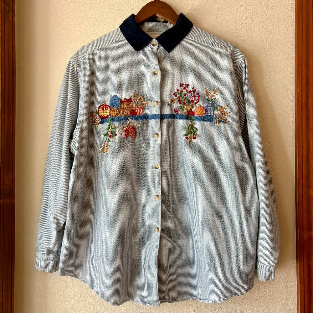 VTG Casey & Max Fall Baking Striped Button Down Shirt Pumpkins Apples Flour XXL - Picture 7 of 12